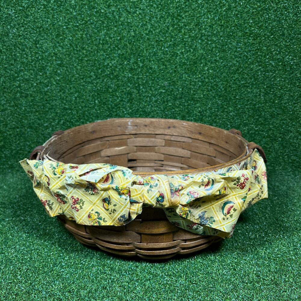 Vintage Longaberger Woven Wooden Round Basket with a Yellow Floral Fabric Bow